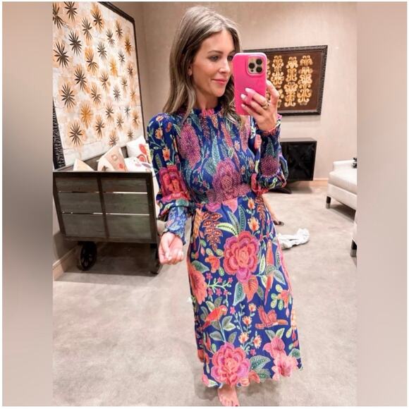 FARM Rio Dresses & Skirts - FARM Rio Macaw Bloom Floral Smocked Mock Neck Juliet Sleeve Dress